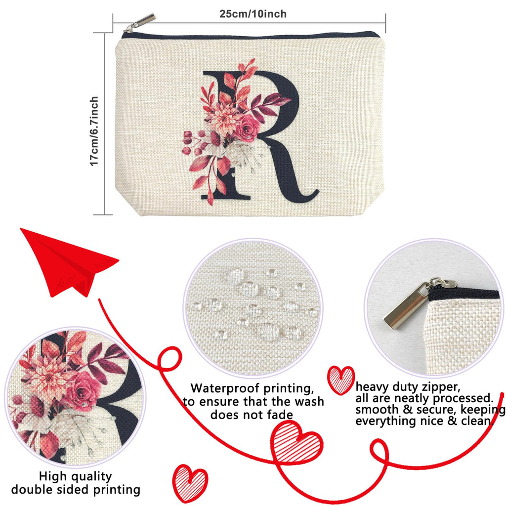 Initial A-Z Personalized Floral Makeup Bag, Monogrammed Birthday Gifts for Women Mom, Mothers Day Christmas Gift Ideas for Best Friend, Bride Bridesmaid, Her, Grandma, Small Travel Cosmetic Bag (R)