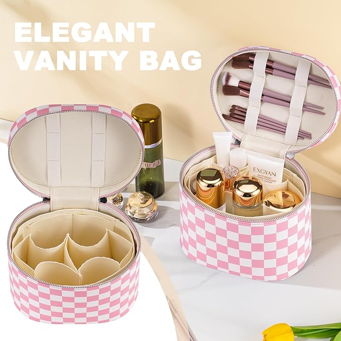 UUYUUY Makeup Bag Vanity Case Cosmetic Bag with Removable Divider Travel Toiletry Bag for Women Portable Make up Box Organizer, Pink and White