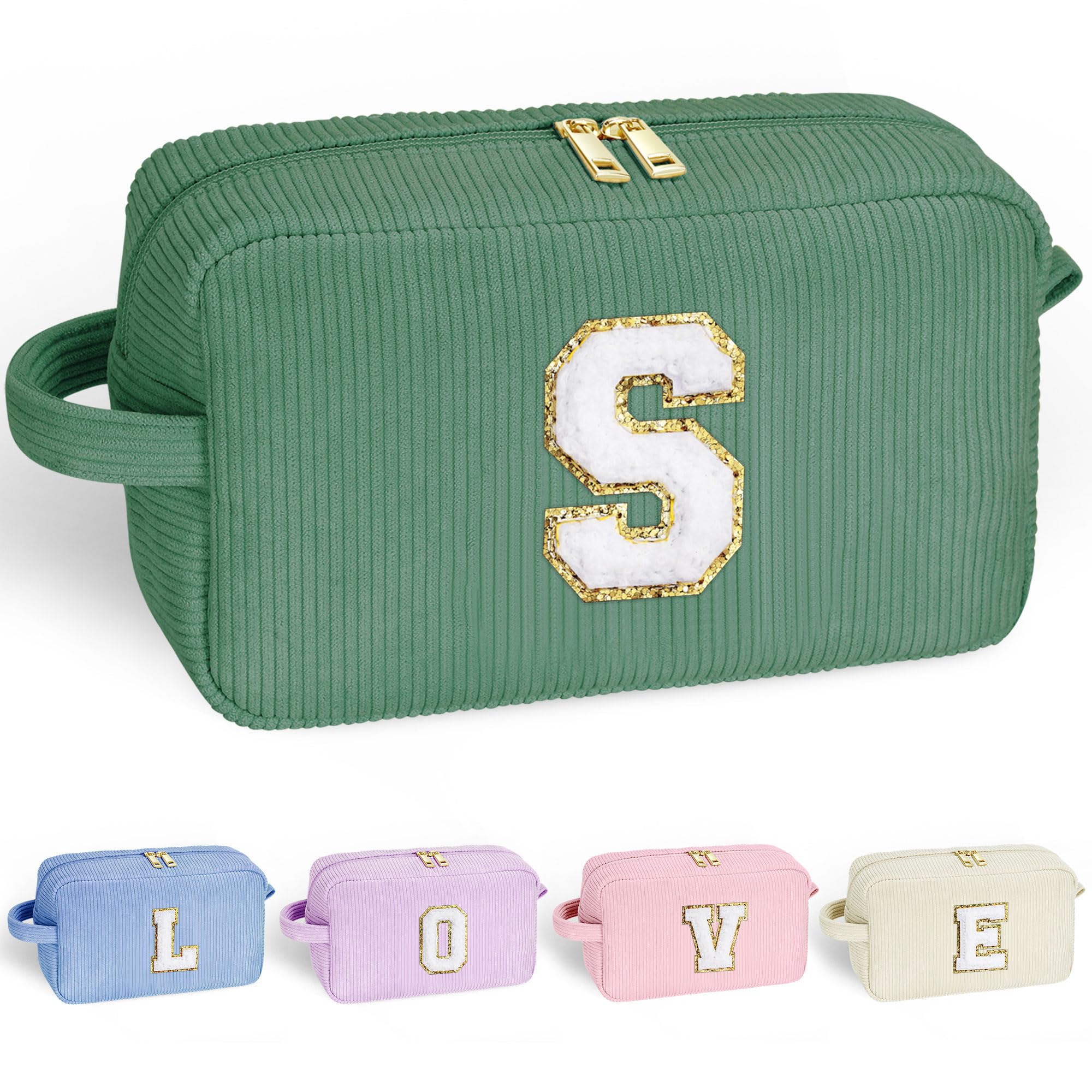 YOOLIFE Girls Makeup Bag - Teen Girl Gifts Deep Green Letter Make Up Bag Cosmetic Bag Mini Makeup Brush Bag Mother Teacher Gifts for Women Her Best Friend Birthday Gifts for Women Sister Initial S