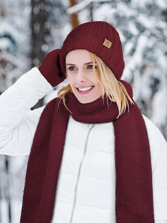 LOROME Winter Beanie Hat Gloves Scarf, Cashmere Hat Gloves Scarf Set Women