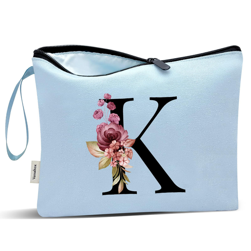 Vavabox A-Z Personalized Makeup Bag, Birthday Gifts for Women Mom, Gifts for Best Friend, Bride Bridesmaid Cosmetic bag (K, Blue)