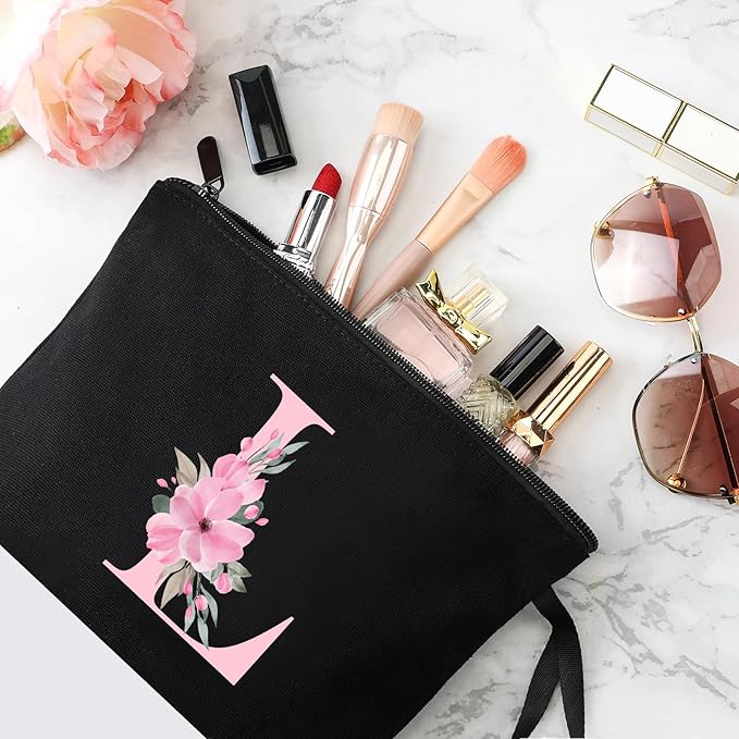 Vavabox A-Z Personalized Makeup Bag, Birthday Gifts for Women Mom, Gifts for Best Friend, Bride Bridesmaid Cosmetic bag (L, 02-Black)