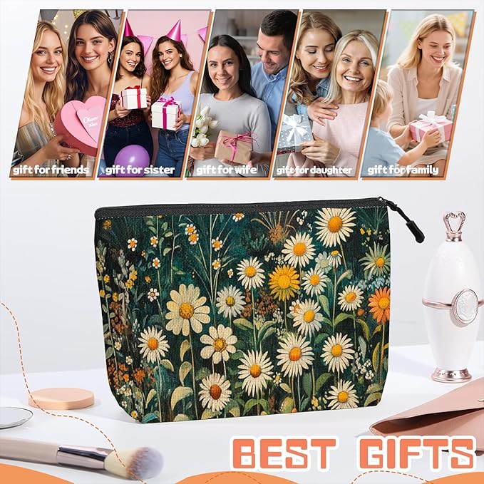 Scribesense Cosmetic Bags Travel Makeup Toilet Case Waterproof Pouch for Women Girls 6.7X9.45inches - White Daisies And Yellow Marigolds in Wild