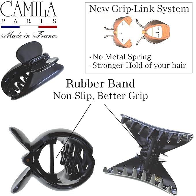 Camila Paris MP2 French Hair Clips for Women, 2.75" Medium Claw Clips for Thick Hair, Black Claw Clip, Strong Hold No Slip Accessories Clip for Women, Made in France