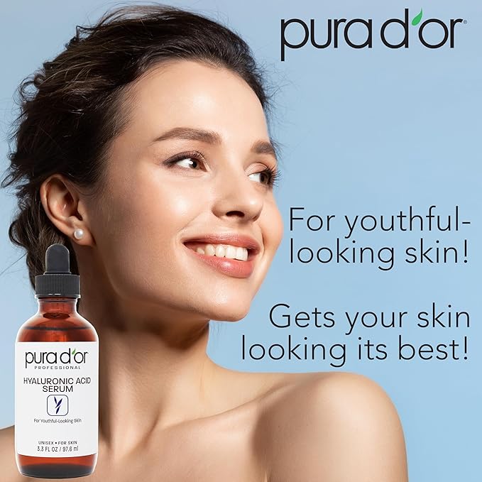 PURA D'OR 3.3 Oz Hyaluronic Acid Serum For Deep Hydration: Anti-Aging, Plumping & Moisturizing Formula For Ayurvedic Skin Care-Smooth, Supple Skin - Natural Boost - Fine Lines & Wrinkle Reducer