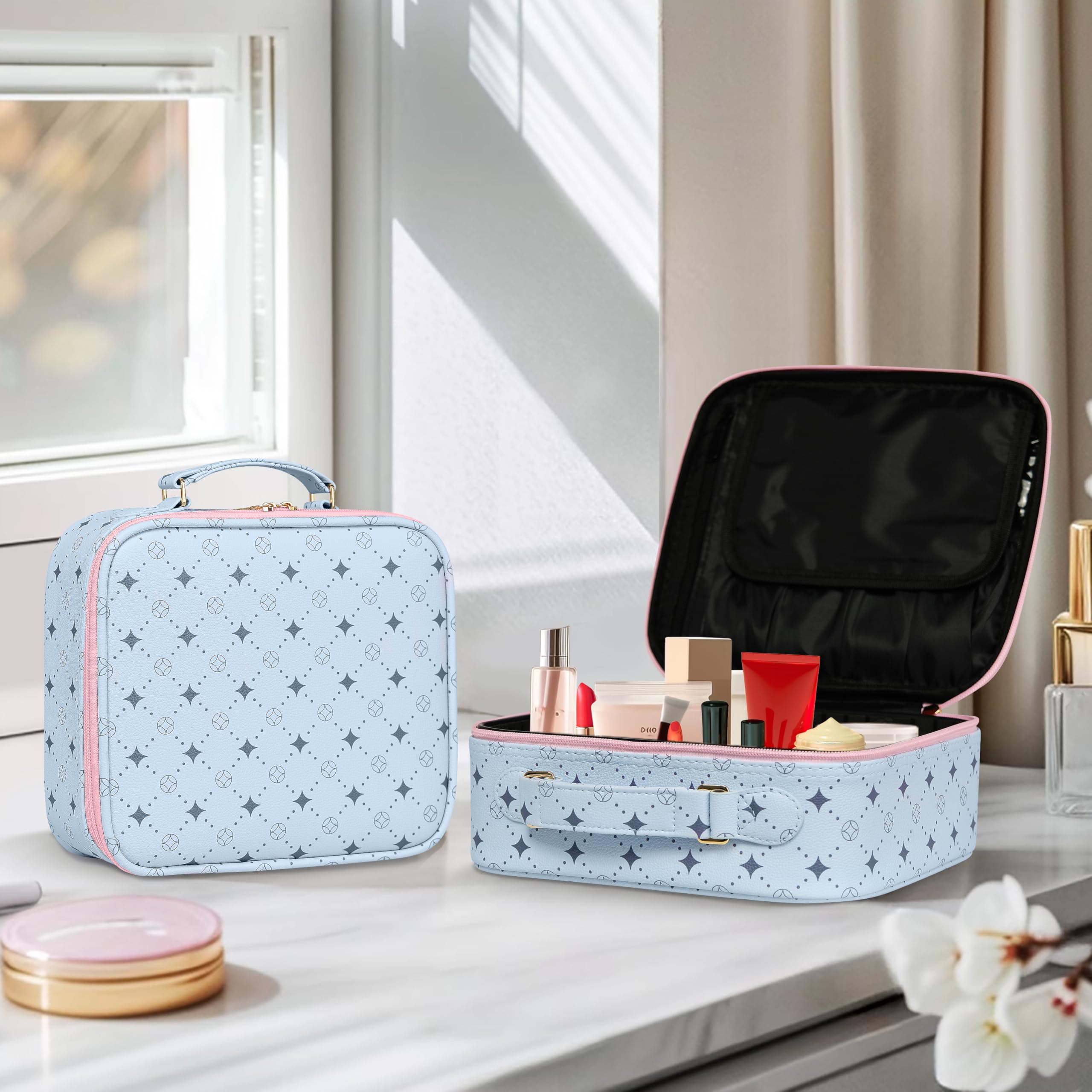 M Y U R E N Travel Makeup Bag,Waterproof Cosmetic Organizer, Adjustable Dividers,Portability Cosmetic Train Case,Makeup organizer,Gift for Women,Girls Gift (Blue+Pink)