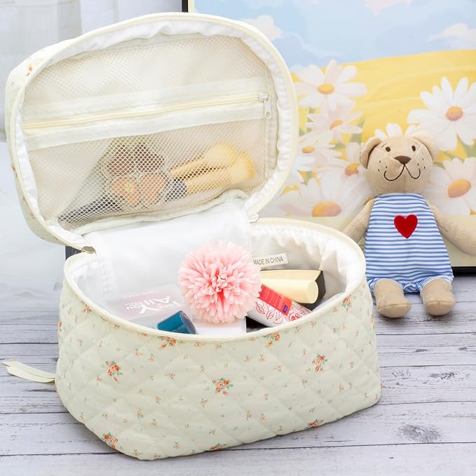 3 Piece Quilted Makeup Bag Set for Women,Cosmetic&Toiletry Bag,Floral White