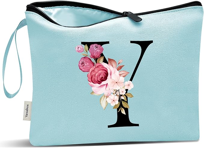 Vavabox A-Z Personalized Makeup Bag, Birthday Gifts for Women Mom, Gifts for Best Friend, Bride Bridesmaid Cosmetic bag (Y, Aqua)