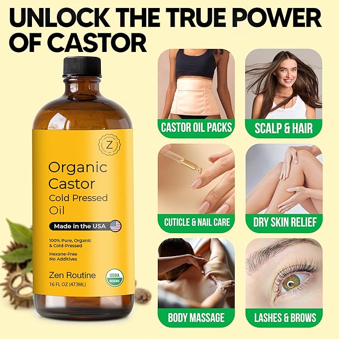 Organic Castor Oil 32oz (Single) Cold Pressed Unrefined Glass Bottle | Aceite de Ricino | Hair Growth Oil for Hair, Lashes & Castor Oil Packs | USDA Certified | Made in the USA