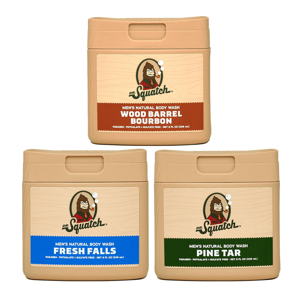 Dr. Squatch NEW Body Wash for Men with Nourishing, Natural Ingredients | No Paraben, Phthalate, Sulfate | All Day Moisturization | Pine Tar, Wood Barrel Bourbon & Fresh Falls (8 oz, 3-Pack)