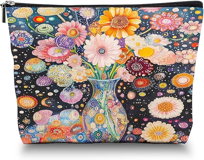 Scribesense Makeup Bag Travel Cosmetic Bags Small Makeup Case Waterproof Zipper Pouch for Women Girls 7X9inches - Colorful Flowers in A Blue Vase with Dots