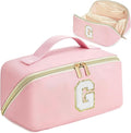 for Valentines Day Gifts, Makeup Bag for Women, PU Leather Travel Toiletry Bags, Initial Make Up Cosmetic Pouch for Teen Girls, Wide Open Portable Skincare Bag, Personalized Birthday Gifts, Pink G