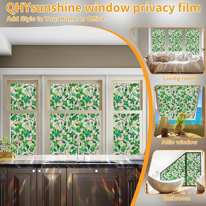 QHYsunshine Stained Glass Window Privacy Film Decorative Rainbow Static Clings – Ideal for Home & Office, Adhesive-Free, Removable, UV-Blocking (Green Rainbow, 35.4 X 157.4 in)