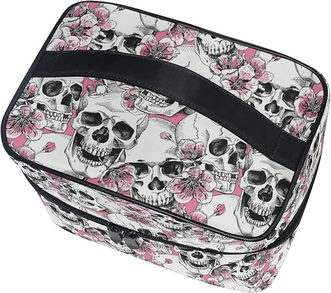 MNSRUU Makeup Bag, Halloween Skull Flowers And Pink Cherries Travel Makeup Organizer Bag Cosmetic Cases Toiletry Bags for Girl Women Ladies