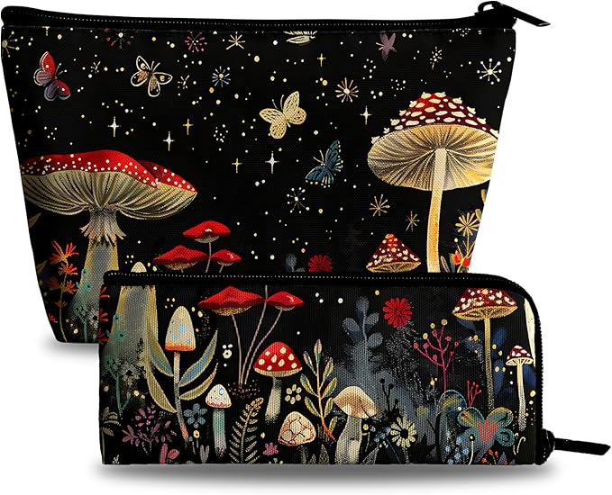 xiaotcq Mushrooms Makeup Bag Cosmetic Bag for Women,1Pcs Large Capacity Makeup Bags and 1Pcs Pencil Case Makeup Brushes Storage Bag Travel Toiletry Bag Organizer