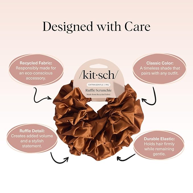 Kitsch Ruffle Satin Scrunchies For Women - Gentle Hair Tie - Camel