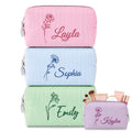 DayOfShe Personalized Travel Makeup Bag Embroidered with Name&Birth Flower as Wedding Bridesmaids Gifts for Women,Custom Seersucker Small Cosmetic Toiletry Pouch Gifts for Girls Birthday Christmas