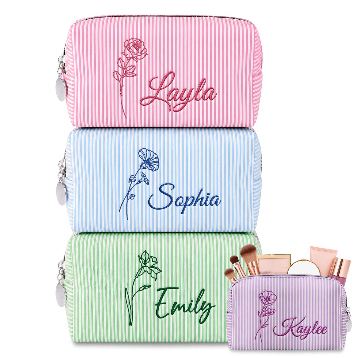 DayOfShe Personalized Travel Makeup Bag Embroidered with Name&Birth Flower as Wedding Bridesmaids Gifts for Women,Custom Seersucker Small Cosmetic Toiletry Pouch Gifts for Girls Birthday Christmas