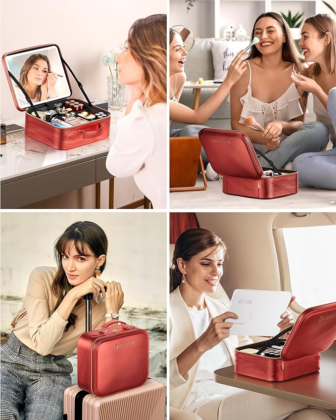 JUSRON Portable Makeup Artist Organizer Bag with Adjustable Dividers, Makeup Brush Holder Storage (Red, Medium)