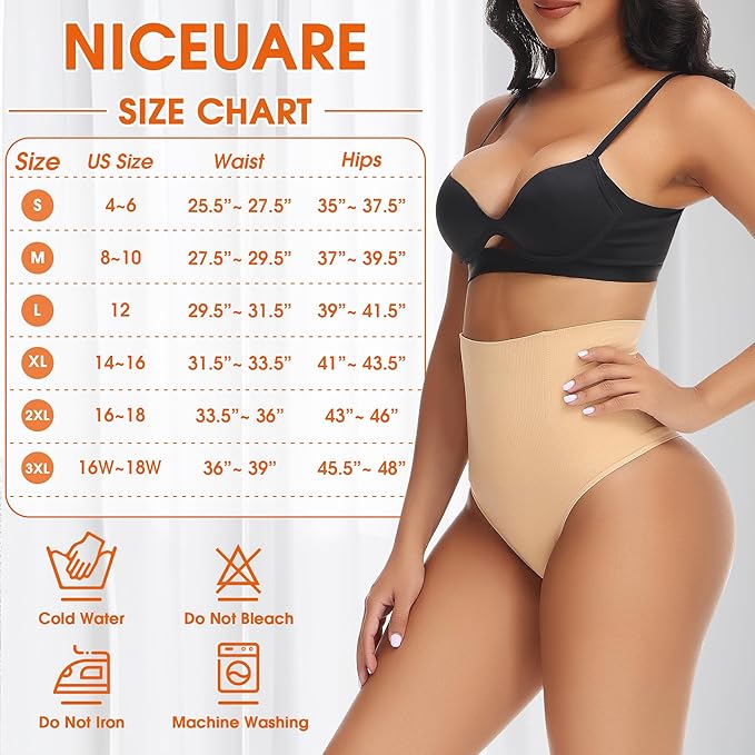 Niceuare Tummy Control Thong Shapewear for Women High Waist Body Shaper Underwear Seamless Comfortable Panty Thong（Nude，Large