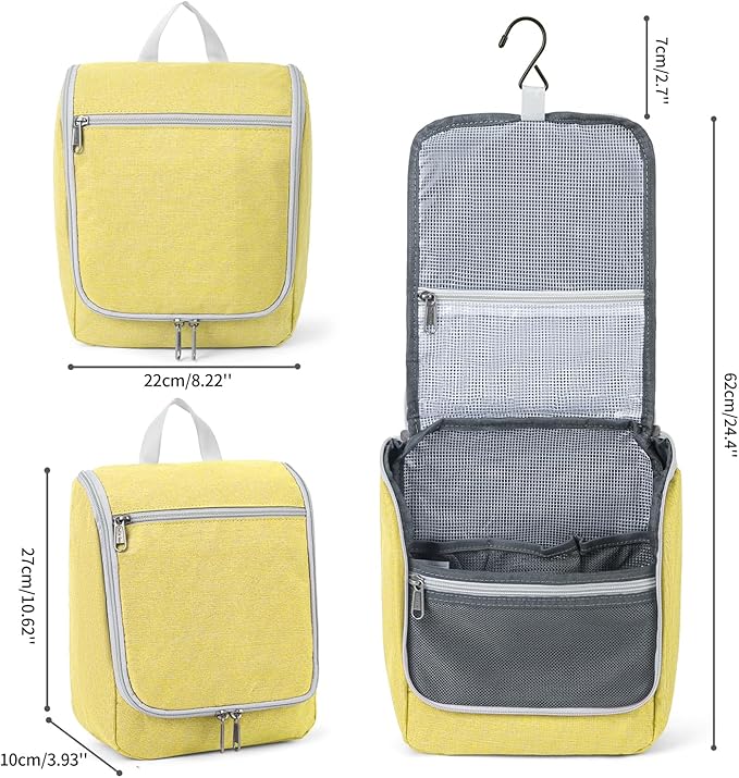 Della Gao Travel Hanging Toiletry bag for Men & Women, Water-resistant Sturdy Nylon Toiletries Organizer for Cosmetics, Makeup Brushes, Shaving Tools, Bathroom Bag, Yellow