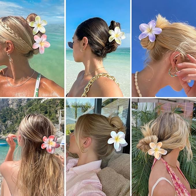 CHANDAT Flower Hair Clips 6 PCS Hawaiian Claw Clips for Vacation Hibiscus Hair Claw Clips Cute Large Hair Clips for Thick and Thin Hair Plumeria Hair Accessories for Women Girls -Light Petal
