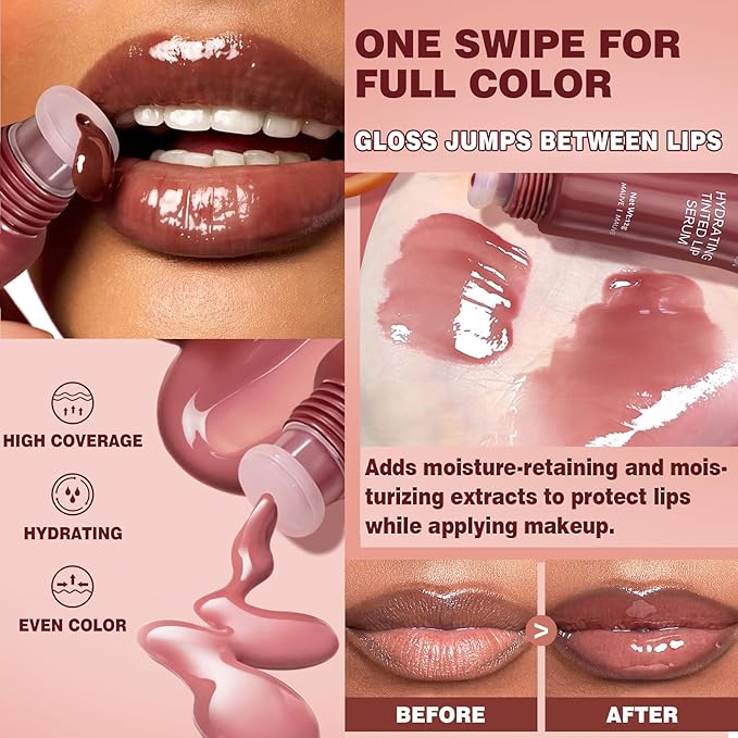LuckNest Tinted Lip Serum Gloss – Hydrating Lip Plumper with Natural Shine, Nourishing Hydration with Polypeptide Non-Sticky, Long-Lasting Color, Moisturizing Lip Makeup (6Pcs)