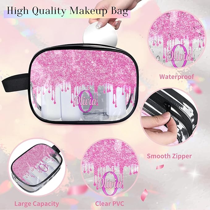 KFNHN Custom Travel Toiletry Bag for Women, Clear PVC Large Makeup Bag, Cosmetic Bag, Comestic Essentials for Women, Light Pink Curtain Glittering
