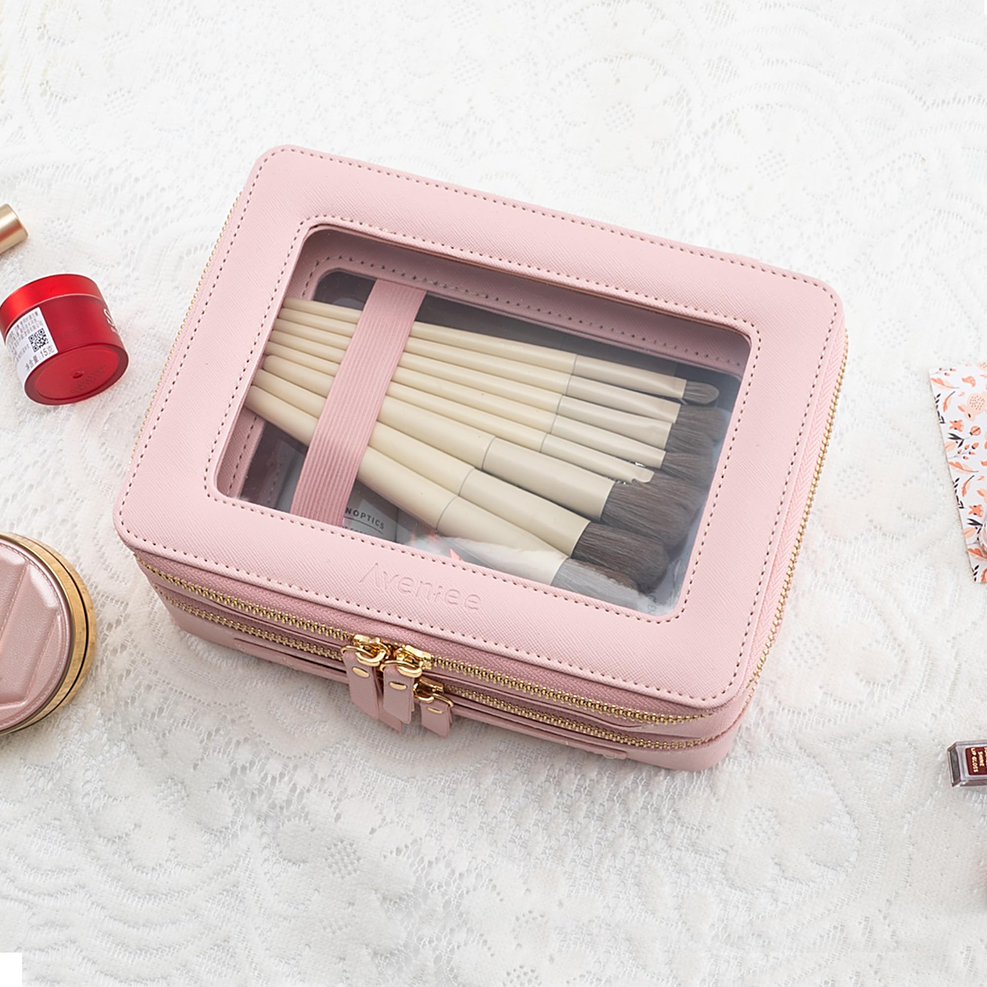 Aveniee XL Clear Makeup Organizer,Double Layer Travel Cosmetic Case with Brush Holder & Zippered Compartments, Large Toiletry Bag Train Case for Women.2 Layers, Pink