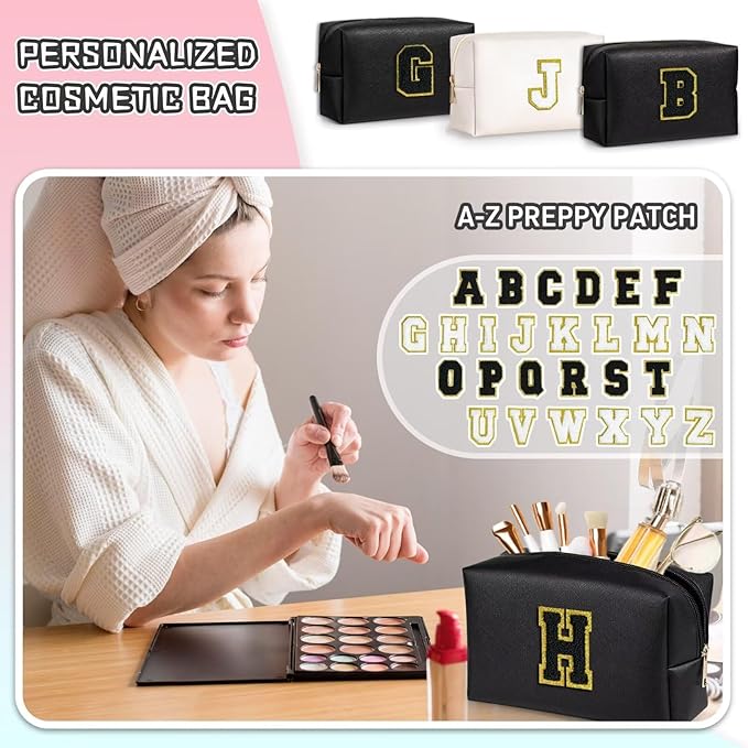 TOPEAST Initial Makeup Bags for Women, Personalized Portable Cosmetic Bag for Travel, Cute Makeup Pouch, PU Leather Waterproof Toiletry Bag, Preppy Things for Girl (Black V)