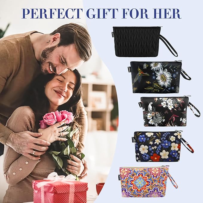 Gloppie Makeup Bag for Purse Small Puffy Cosmetic Bag Wristlet Pouch Black
