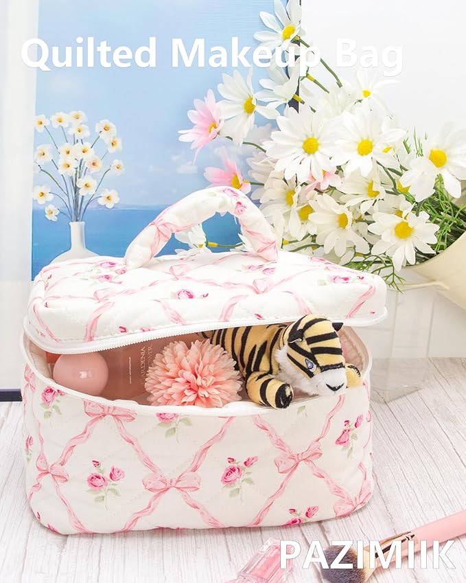 Quilted Makeup Bag for Women, Travel Cosmetic&Toiletry Bag,Bow Rose