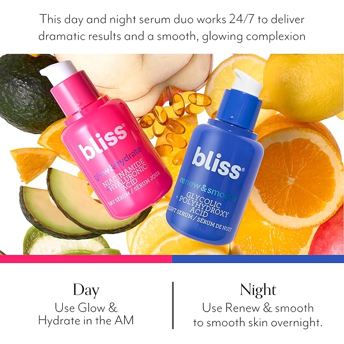 Bliss Renew & Smooth Night Serum – Glycolic Acid + Polyhydroxy Acid Exfoliating Serum – Resurfaces Skin, Smooths Texture & Brightens Tone Overnight – 1 Fl Oz