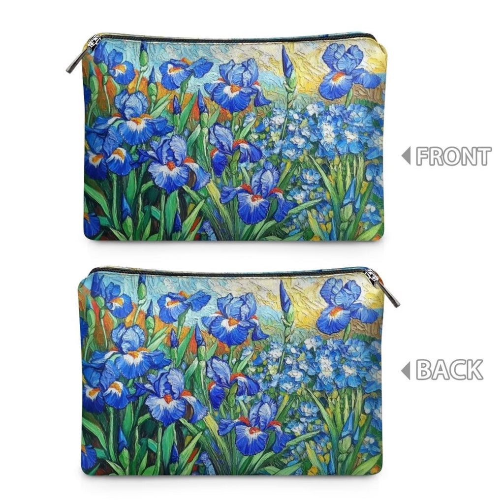 COEQINE Leather Cosmetic Purses for Women Wedding Floral Makeup Bag Organizer Portable Travel Lisptic Pouch With Zipper Womens Evening Wedding Party Cosmetic Purse Wallet,Iris Floral Art Print