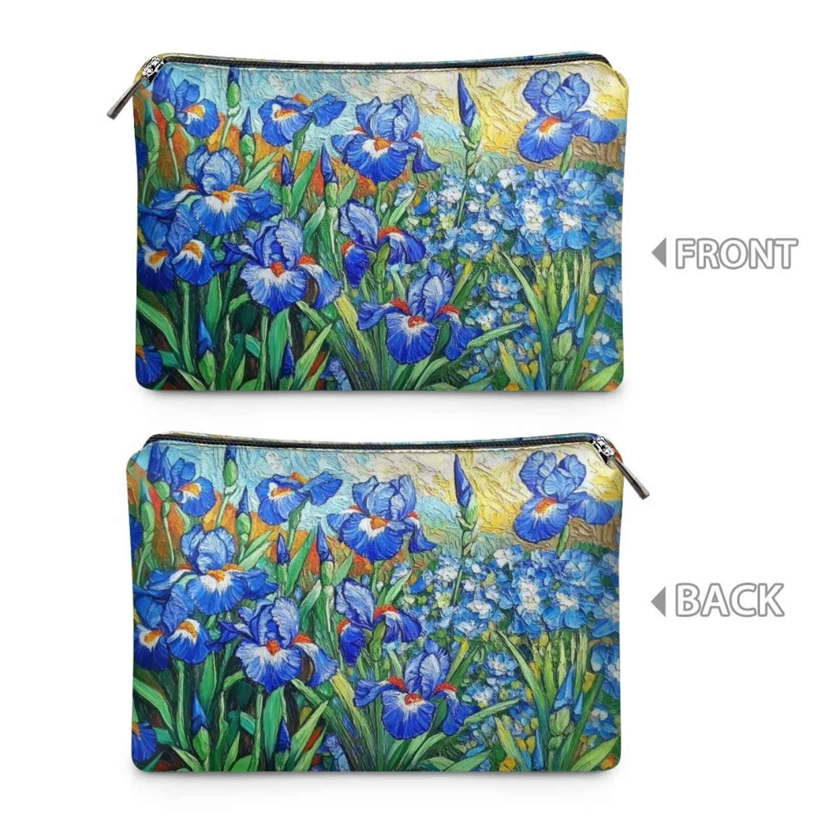 COEQINE Leather Cosmetic Purses for Women Wedding Floral Makeup Bag Organizer Portable Travel Lisptic Pouch With Zipper Womens Evening Wedding Party Cosmetic Purse Wallet,Iris Floral Art Print