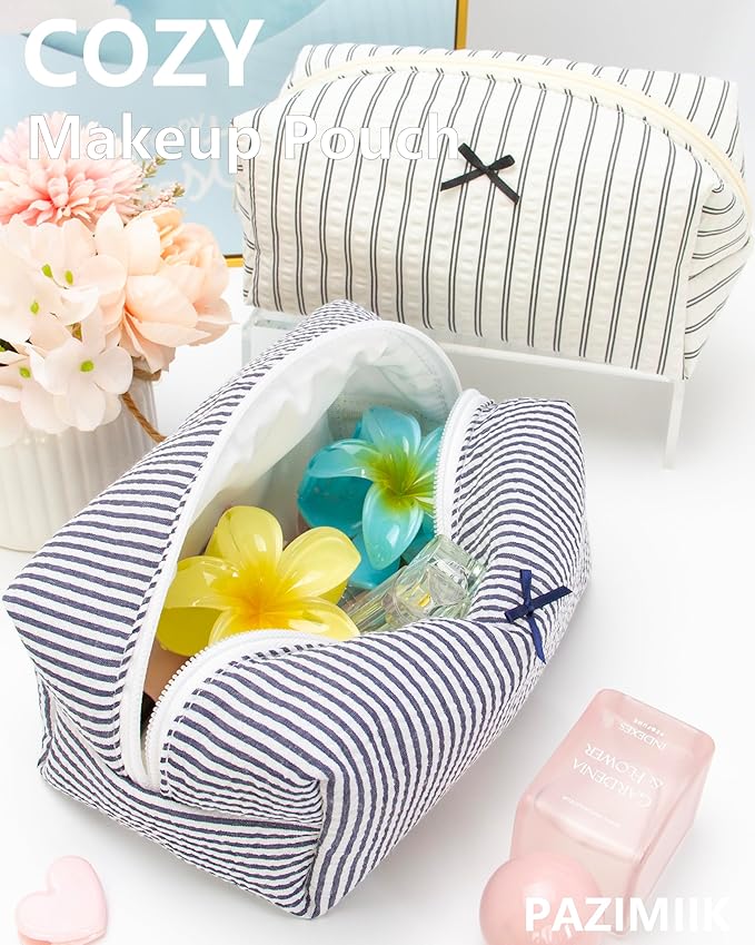 Cozy Makeup Bag for Women,Zipper Cosmetic Pouch,Stripe Navy Blue,6 Pack