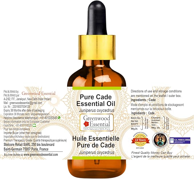 Greenwood Essential Pure Cade Essential Oil (Juniperus oxycedrus) Steam Distilled (10ml (0.33 oz) with Glass Dropper)