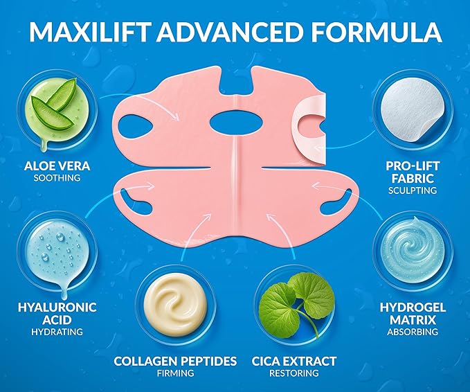 Stylia MaxiLift V-Line Lifting Collagen Face Mask - Double Chin Strap - Jawline Shaper - Neck Firming and Tightening Mask with Hyaluronic Acid & Aloe Vera - Chin Strap for Sleeping (5PC)