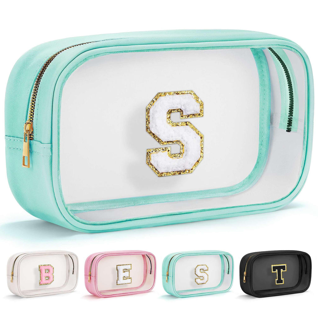 YOOLIFE Initial Make Up Bag Travel Toiletry Bag, Clear Makeup Bag Preppy Cosmetic Bags Organizer Travel Essentials Gifts for Women Teen Girlfriend Teacher Mom Birthday Mothers Day Gifts Blue S