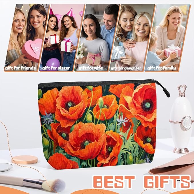 Scribesense Cosmetic Bags Travel Makeup Toilet Case Waterproof Pouch for Women Girls 6.7X9.45inches - Vibrant Orange Poppies With Greenery