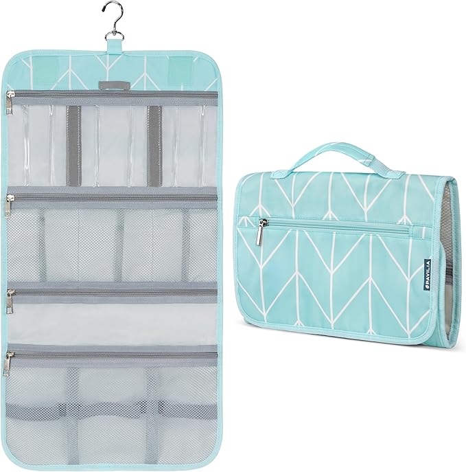 PAVILIA Hanging Toiletry Bag for Women Men, Large Foldable Toiletries Organizer with Hook, Water-Resistant Makeup Cosmetic Rollup Case, Clear Pockets for Bathroom, Gym, Cruise (Teal Chevron)