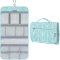 PAVILIA Hanging Toiletry Bag for Women Men, Large Foldable Toiletries Organizer with Hook, Water-Resistant Makeup Cosmetic Rollup Case, Clear Pockets for Bathroom, Gym, Cruise (Teal Chevron)