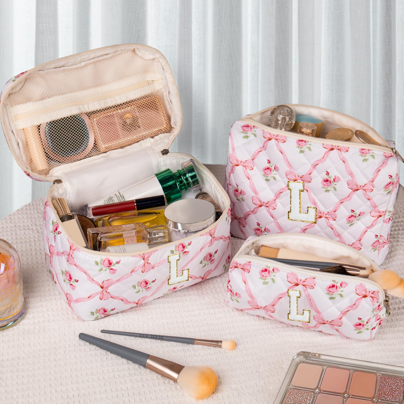 Junesters Personalized Initial Makeup Bag Set, Quilted Makeup Bag, Large Floral Cosmetic Bag for Women, Cute Cotton Custom Make up Bags, Flower Travel Toiletry Bag Teen Girl Gift Trendy Stuff Gift L