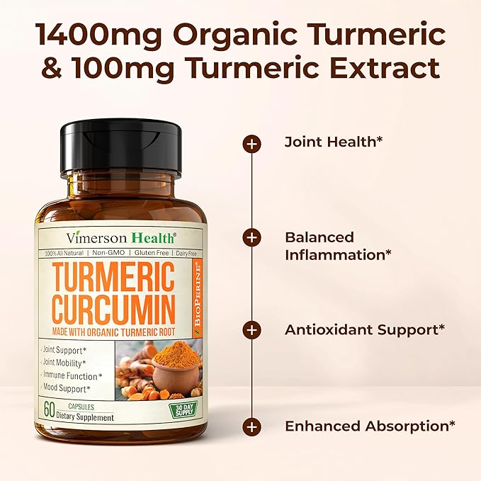 Turmeric Curcumin Supplement – 1400mg Organic Turmeric Curcumin with Black Pepper Extract for Max Absorption – Digestive & Joint Supplements for Men & Women w. Tumeric Extract & Bioperine – 60 Caps
