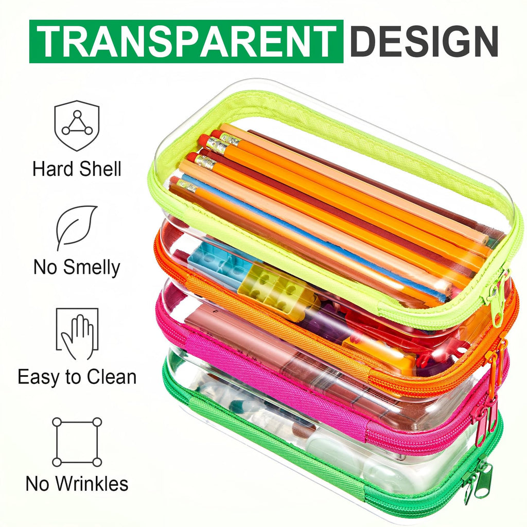 Hoolerry 4 Pcs Hard Clear Zipper Case Makeup Bags Plastic Zipper Pouch Transparent Storage Box Containers for Cosmetics, Snacks, Building Blocks, Puzzles(Clear,7.5 x 3.9 x 2 in,Fluorescent)