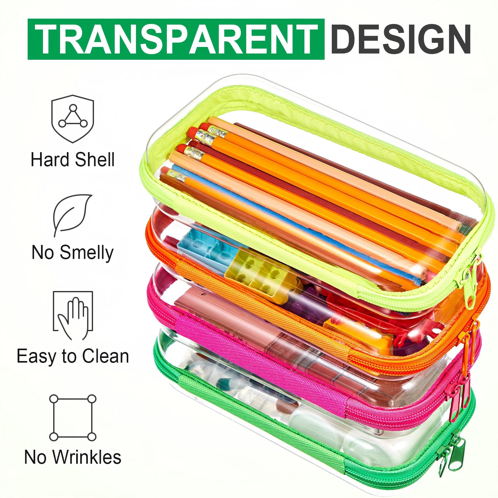 Hoolerry 4 Pcs Hard Clear Zipper Case Makeup Bags Plastic Zipper Pouch Transparent Storage Box Containers for Cosmetics, Snacks, Building Blocks, Puzzles(Clear,7.5 x 3.9 x 2 in,Fluorescent)