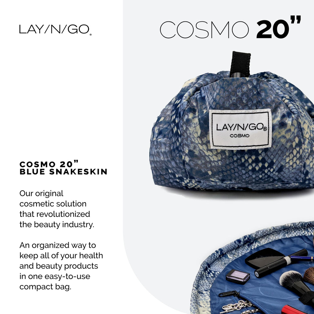 Lay-n-Go Cosmo Drawstring Cosmetic & Makeup Bag Organizer - Portable Drawstring Makeup Bag w/Zipper Pocket, Makeup Loops & More - Durable, Machine Washable Toiletry Bag (20", Blue Snakeskin)