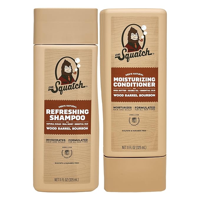 Dr. Squatch Men's Natural Shampoo and Conditioner Set – Sulfate & Paraben Free Natural Shampoo and Conditioner for Men – Scalp Nourishing Formula – Wood Barrel Bourbon (11 fl oz, 2-Pack)