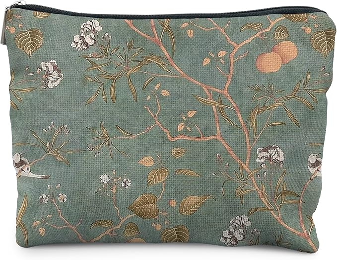 RYYCDOI Vintage Floral Bird Makeup Bag, Chinoiserie Green Floral Cosmetic Bags for Women, Rustic Country Botanical Zipper Makeup Pouch