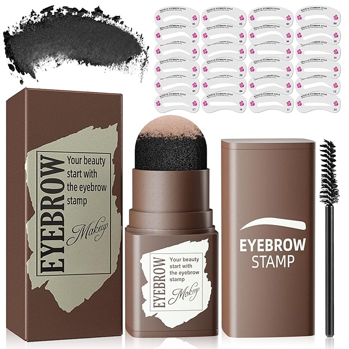 Eyebrow Stamp for Women, Eyebrow Powder and Eyebrow Stencils for Shaping with Eyebrow Brush, Long-Lasting Waterproof 24 Reusable Eyebrow Stencils (Black)